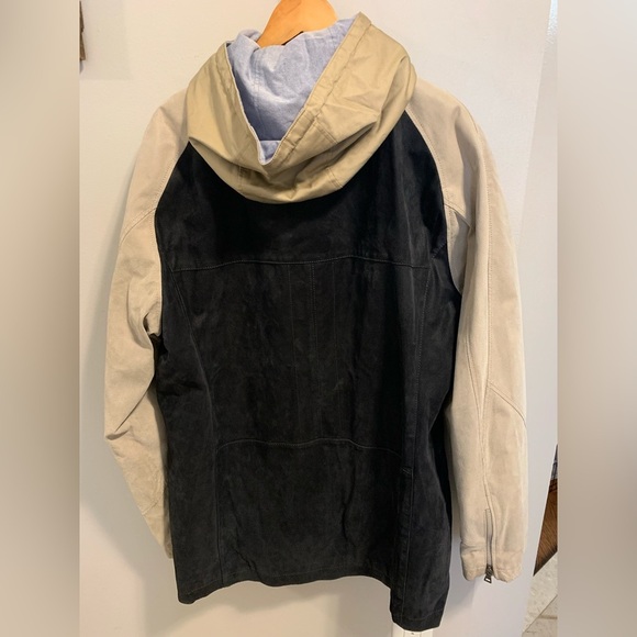Blink Genuine Leather Colorblock Jacket XL Black Suede & Beige Hooded Parka - Picture 4 of 16